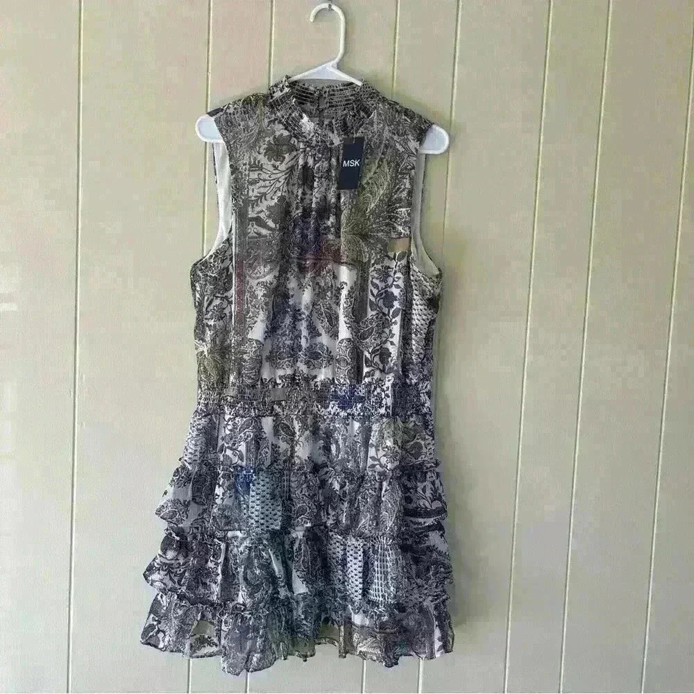 MSK Womens Printed Smocked Waist Tired Dress Multicolor Size XL Ruffle Chiffon - Picture 5 of 14